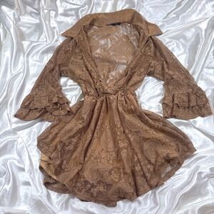 y2k Romper Brown Excellent Sheer Floral Lace Ruffle Sleeve V-Neck Impulsive S